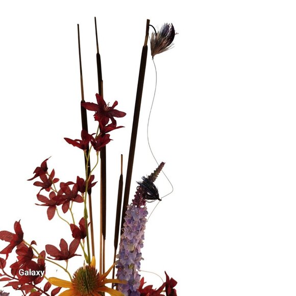 Artificial Floral Arrangement In Fishing Creel Basket With Vibrant Red Purple & - Picture 13 of 15